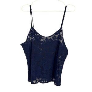 Retro Floral Lace Tank L Blue Sheer Mesh Classic Chic Preppy Y2K Grunge 80s